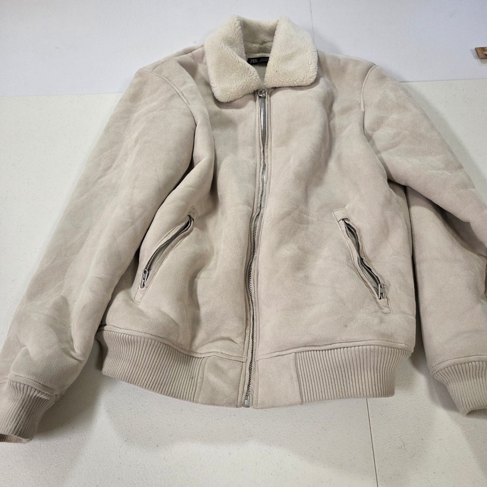 Zara Mens Faux Suede Shearling Trim Bomber Jacket Beige Size M Full Zip Aviator